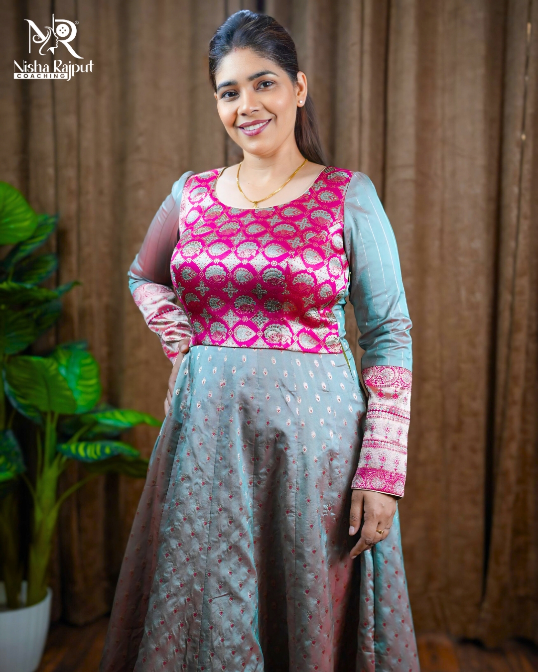Pink Aqua Banarasi Anarkali Gown