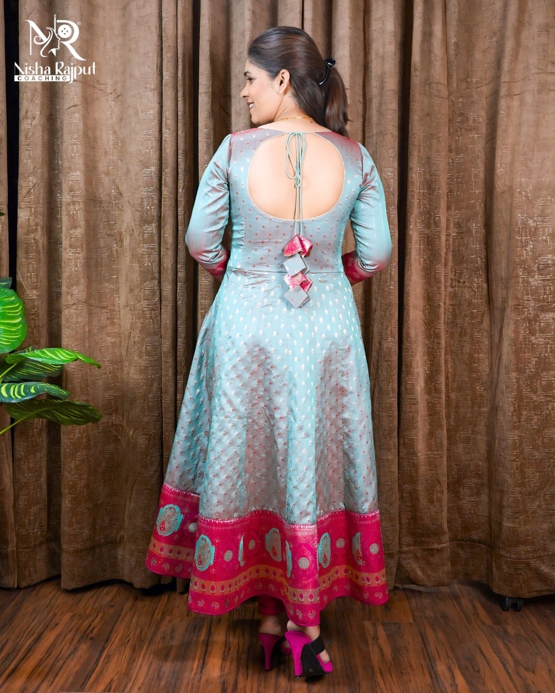 Pink Aqua Banarasi Anarkali Gown