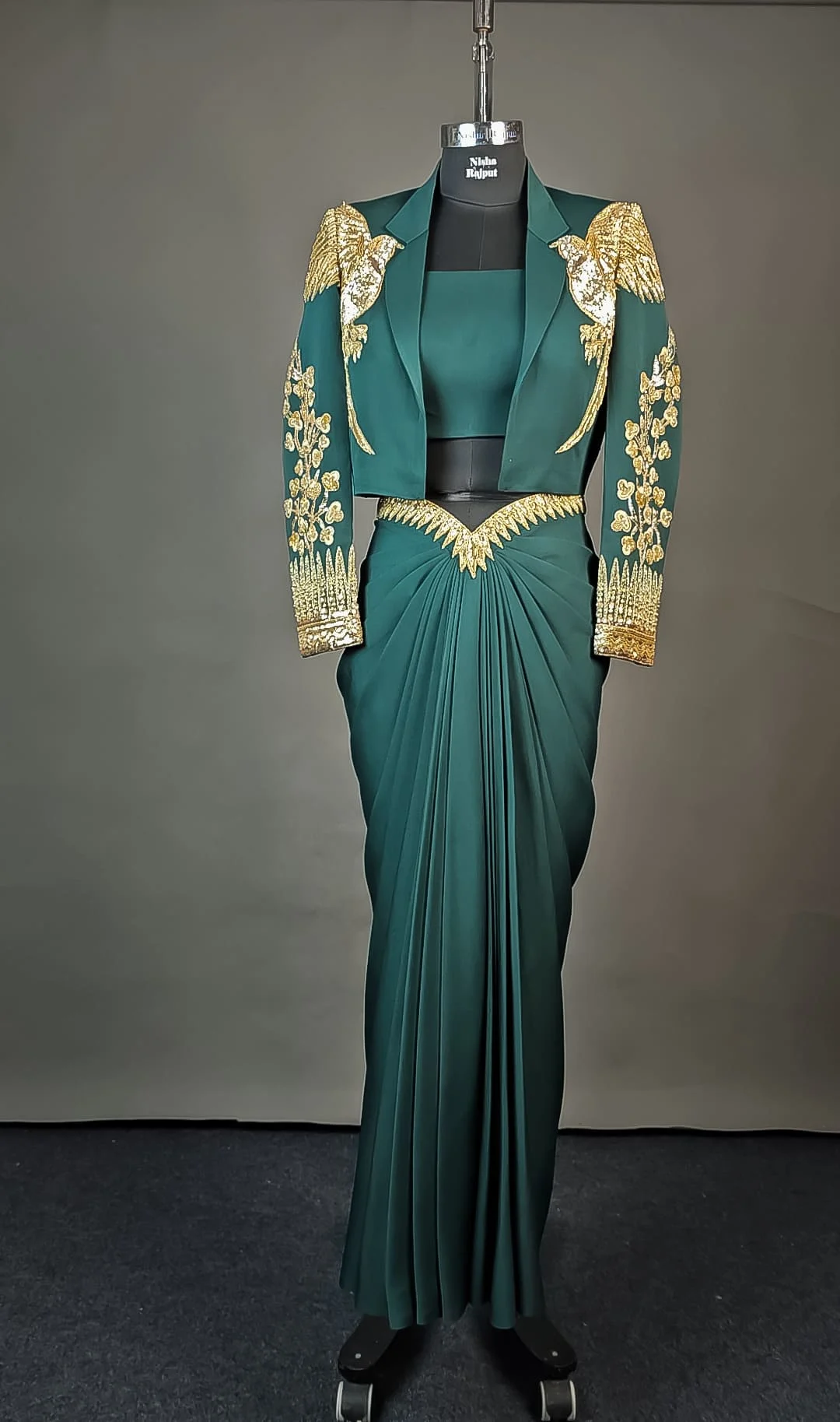 Emerald Royal Drape Saree Set - Green