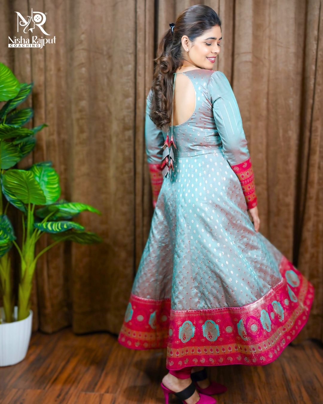 Pink Aqua Banarasi Anarkali Gown - Red